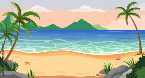 Tropical beach with palm trees in cartoon style on soft sunset background expressing a concept of relaxation and calm. Vector illustration