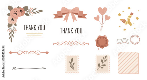 Set of elegant vintage style decorative elements and floral accents