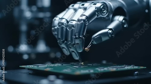 Robotic hand working on circuit board.