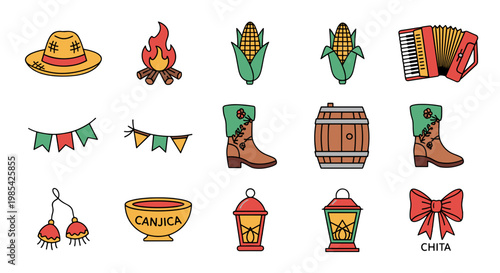 Collection of colorful traditional mexican icons and symbols