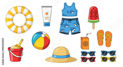 Summer beach accessories and clothing with sun protection items
