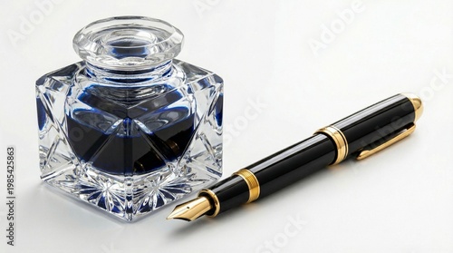 A luxurious black fountain pen with gold accents lies next to a crystal inkwell