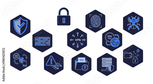 Collection of cybersecurity and data protection icons in hexagons