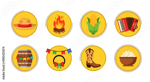 Collection of traditional food and cultural items in colorful icons