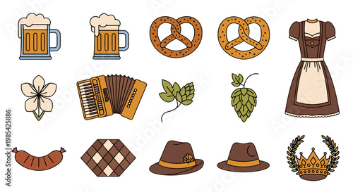 Collection of traditional oktoberfest items including pretzels beer and clothing