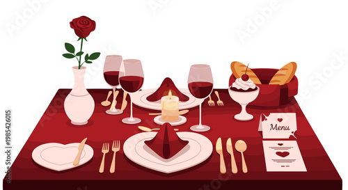 Romantic dinner setup with candlelight wine glasses and flowers