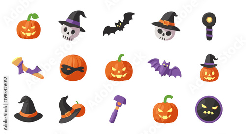 Collection of halloween themed icons with pumpkins witches and bats