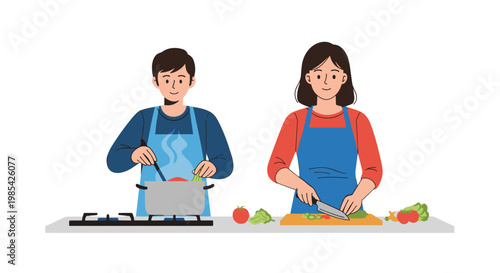 Young couple cooking together in kitchen preparing healthy meal