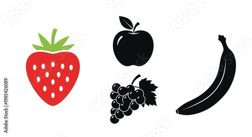 Colorful fruit icons including strawberry apple grapes and banana silhouette