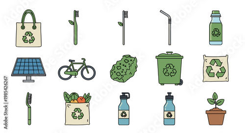 Collection of ecofriendly and recycling symbols and objects