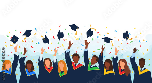 Group of diverse graduates celebrating with caps and gowns outdoors