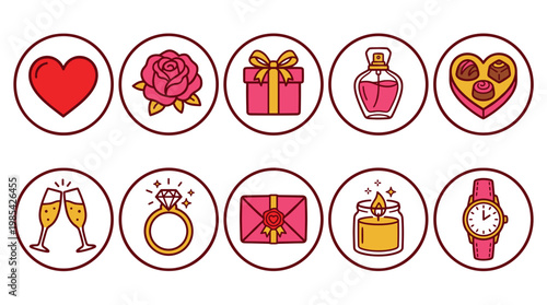 Set of romantic icons including hearts flowers gifts and jewelry