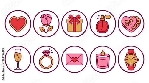 Collection of romantic love icons with hearts flowers gifts and candles