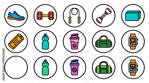 Collection of fitness and wellness icons including bottles weights and accessories