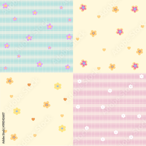 Four set of background designs with heart, flower, checked pattern for wallpaper, backdrop, ad template, frame, paper design, social media, poster, sticky note, floral fabric print, Valentine's Day