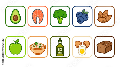 Collection of healthy food items including avocado broccoli and berries