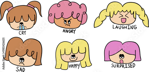 Hand drawn various moods of a girl such as cry, angry, laugh, sad, happy, surprised for back to school, student, children, kids, childhood, people, human, facial expression, feelings, emotion, members