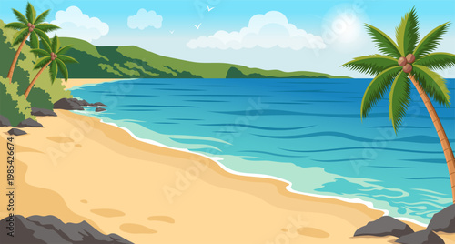 Tropical beach with palms and waves in vector style on coastal background, concept of summer vacation. Vector illustration