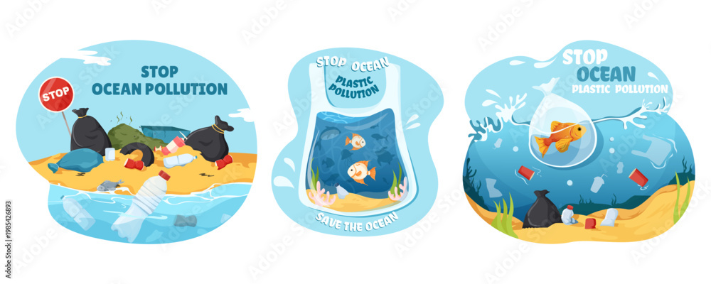 Naklejka premium Ocean pollution scenes in cartoon style on light blue background showing environmental harm concept. Vector illustration