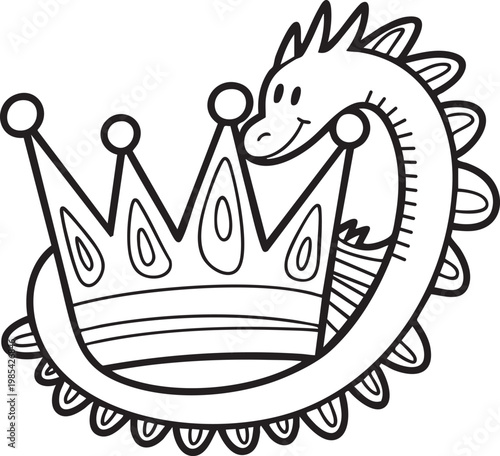 Crowned heraldic dragon emblem line illustration