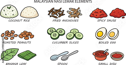 Malaysian Nasi Lemak Elements Food Ingredients, Illustration Doodle Cartoon Collection