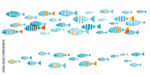 Aquarium fishes. Colony of swimming sea or aquarium fishes. Horizontal border.