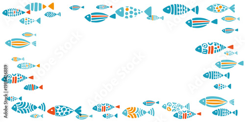 Fishes. Colony of swimming sea or aquarium fishes. Frame with copy space.