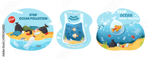 Ocean pollution scenes in cartoon style on light blue background showing environmental harm concept. Vector illustration