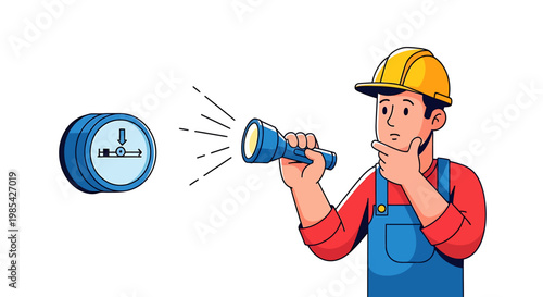 Man in hard hat holding flashlight inspecting gauge.