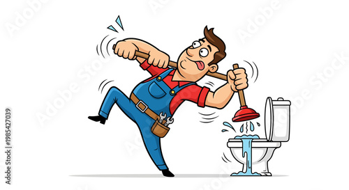 Plumber struggling with a clogged toilet using a plunger.