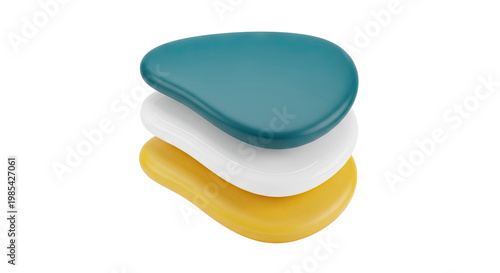 Stack of smooth, rounded abstract shapes in teal, white, and yellow