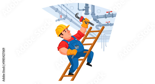 Plumber working on pipes using wrench on ladder.