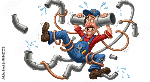 Plumber struggling with tangled pipes and water spraying everywhere.