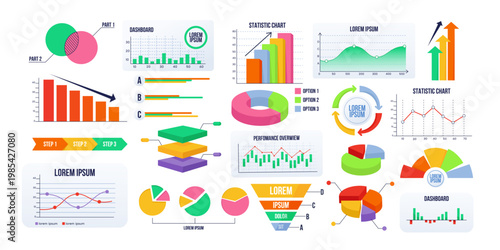 Mixed business charts and diagrams in colorful graphic style on white background showing data concepts. Vector illustration