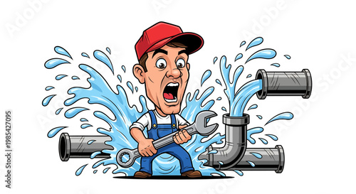 Plumber struggling with bursting pipes and water spray.