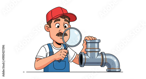 Plumber Inspecting Pipe with Magnifying Glass.
