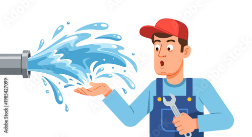 Plumber Surprised by Burst Pipe Water Spray.