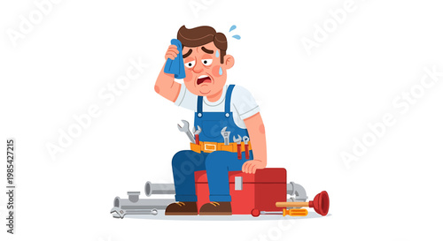 Tired Plumber Sweating Heavily After Hard Work.