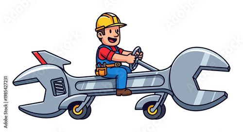Cartoon Mechanic Driving a Wrench Car with Enthusiasm.