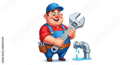Cartoon Plumber Character Holding Large Wrench Ready for Repairs.