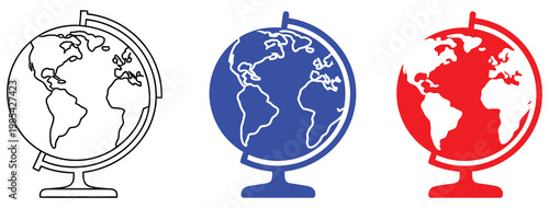 Globes representing Earth icon collection showcasing world maps on spheres, global network symbols, planet Earth graphics, international business concept, clean scalable vector illustrations for apps