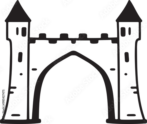 Medieval castle gate with twin towers line illustration