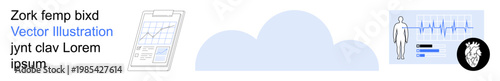 Healthcare technology, medical diagnostics, data analysis, cloud storage, patient monitoring, digital progress. Features a cloud icon, health data on a clipboard and a medical chart. Healthcare