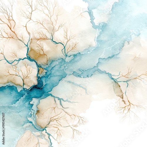 Aerial river pattern in soft watercolor wash background