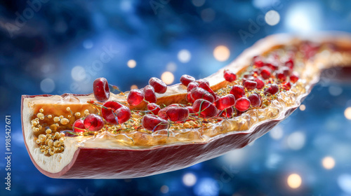 Explore the vibrant beauty of a sliced pomegranate revealing its juicy seeds against a dreamy blue background