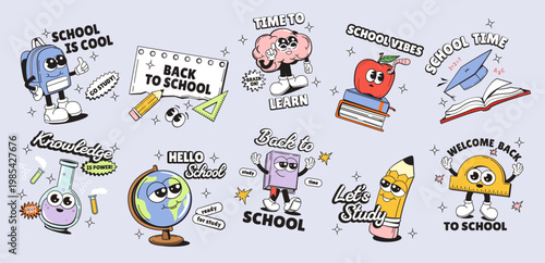 Cartoon school supplies characters with text in playful style on light backdrop, showing education concept. Vector illustration
