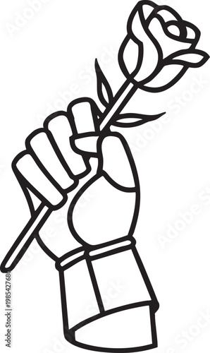 Hand holding a rose flower line illustration