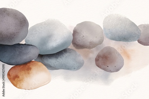 Pastel river stones in calming watercolor composition