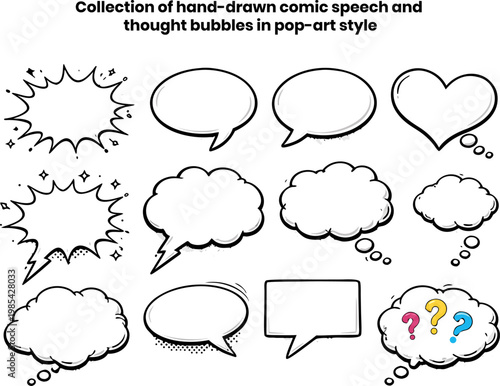 Collection of hand-drawn comic speech and thought bubbles in pop-art style, featuring blank oval, cloud, heart and explosion shapes for dialogue, captions, callouts and comic book use
