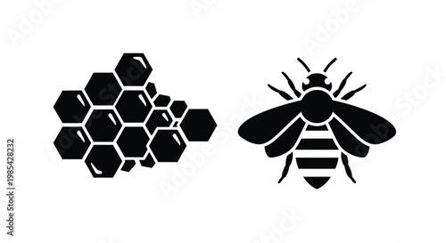 Honeycomb structure and bee illustration in a striking black silhouette